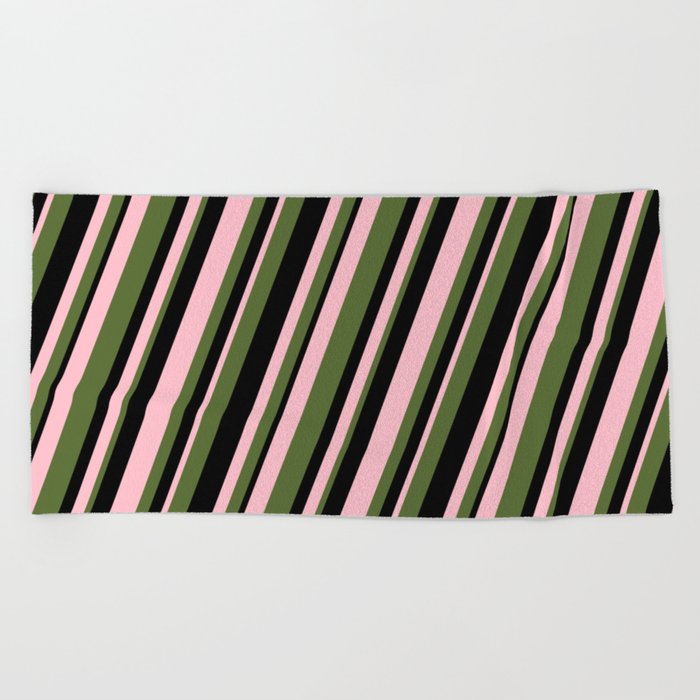 Pink, Dark Olive Green & Black Colored Stripes Pattern Beach Towel