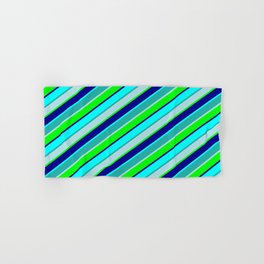 [ Thumbnail: Light Sea Green, Powder Blue, Lime, Dark Blue, and Aqua Colored Lines Pattern Hand & Bath Towel ]