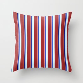 [ Thumbnail: Eyecatching Light Salmon, Blue, Royal Blue, Light Cyan, and Brown Colored Lined/Striped Pattern Throw Pillow ]