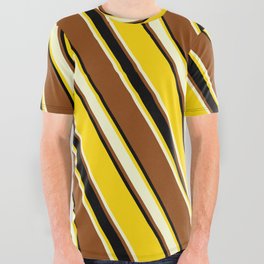 [ Thumbnail: Yellow, Light Yellow, Brown & Black Colored Stripes Pattern All Over Graphic Tee ]