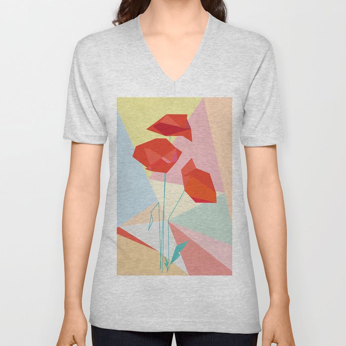 Geometric poppies V Neck T Shirt