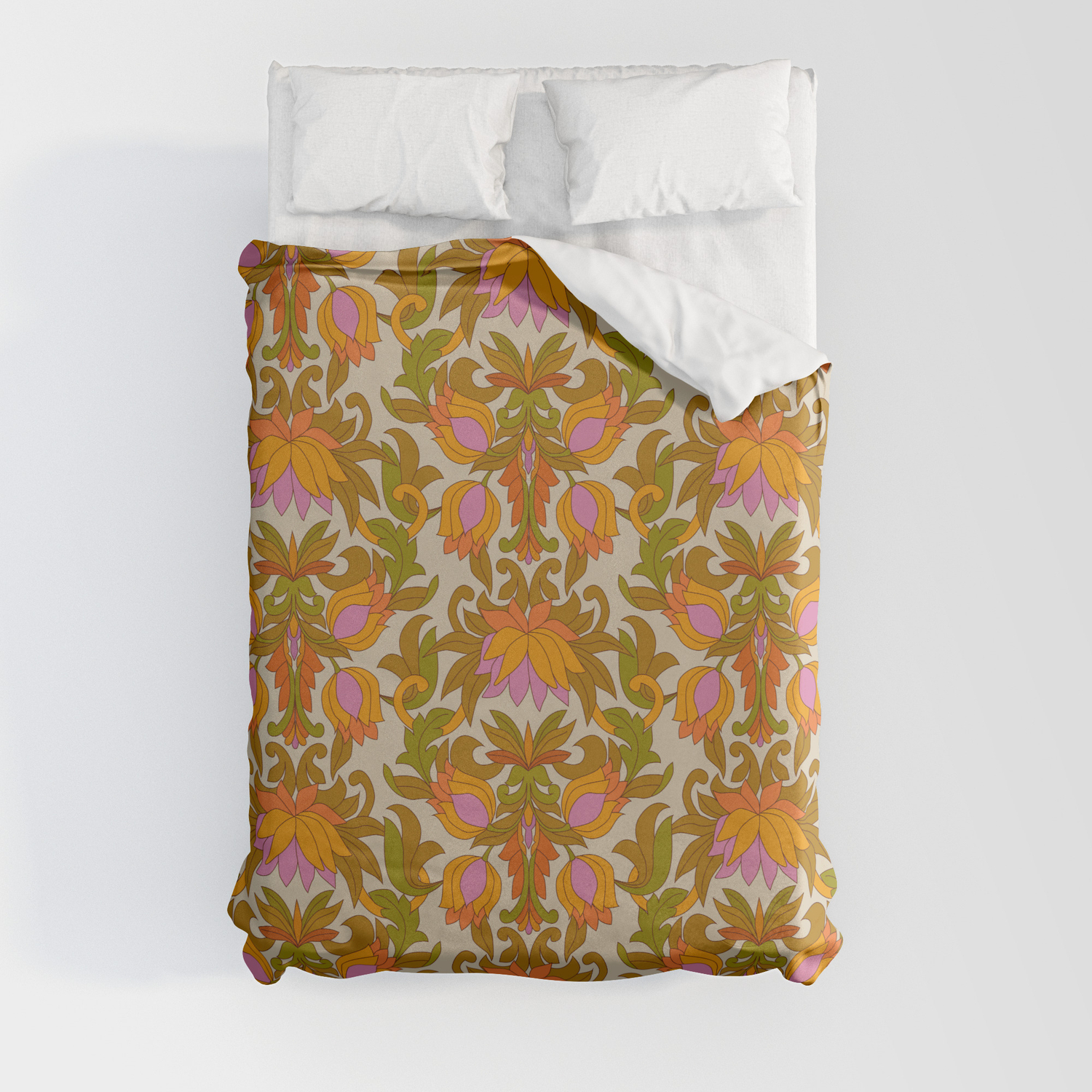 Orange Pink Flowers And Green Leaves 1960s Retro Vintage Pattern Duvet Cover By Eyestigmatic Design Society6