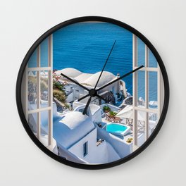 Santorini Greece | OPEN WINDOW ART Wall Clock | Island, 3D, Europe, Landscape, Mediterranean, Greece, Summer, Photo, Oia, Travel 