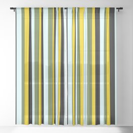 [ Thumbnail: Light Cyan, Dark Olive Green, Yellow, and Black Colored Striped/Lined Pattern Sheer Curtain ]