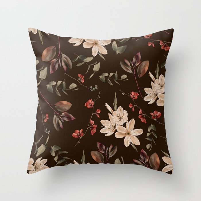 Bohemian floral seamless pattern with dark brown background,white and red watercolor flowers Throw Pillow