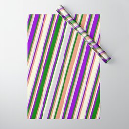 [ Thumbnail: Vibrant Dark Violet, Green, Dark Salmon, Beige, and Light Gray Colored Stripes/Lines Pattern Wrapping Paper ]