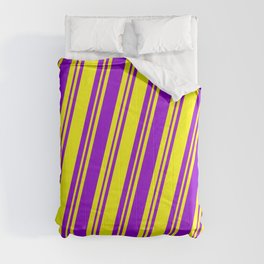 [ Thumbnail: Yellow & Dark Violet Colored Lined Pattern Comforter ]