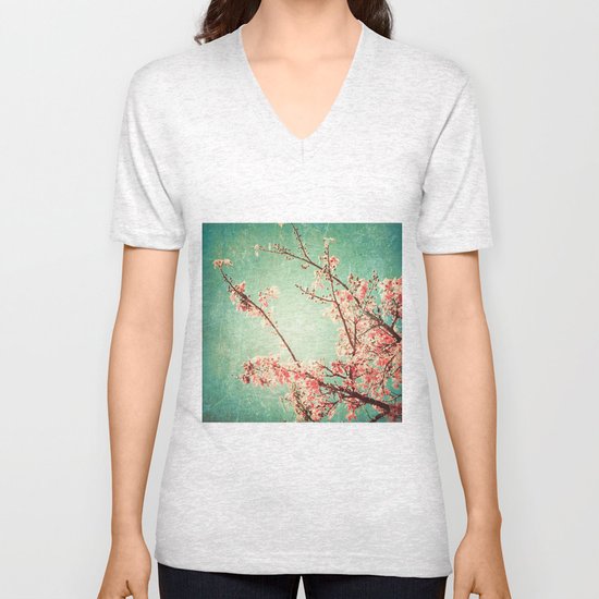 Pink Autumn Leafs on Blue Textured Sky (Vintage Nature Photography) Unisex V-Neck