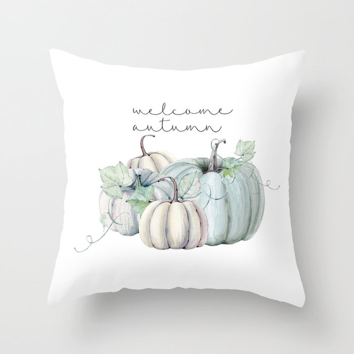 welcome autumn blue pumpkin Throw Pillow