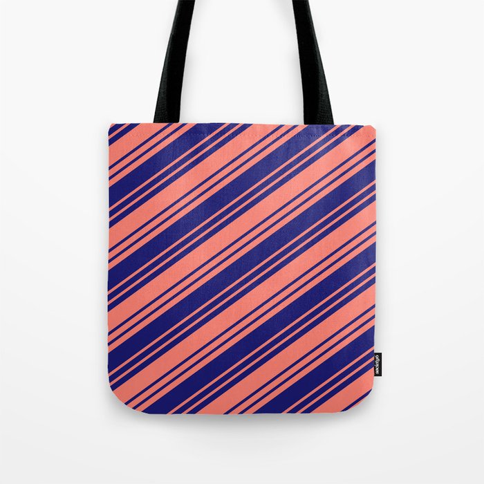Salmon & Midnight Blue Colored Stripes/Lines Pattern Tote Bag