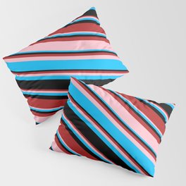 [ Thumbnail: Red, Pink, Deep Sky Blue, and Black Colored Stripes/Lines Pattern Pillow Sham ]