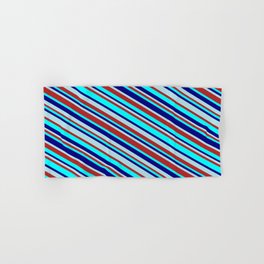 [ Thumbnail: Powder Blue, Red, Aqua, and Blue Colored Lined Pattern Hand & Bath Towel ]