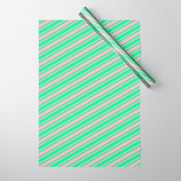 [ Thumbnail: Green & Light Pink Colored Striped Pattern Wrapping Paper ]