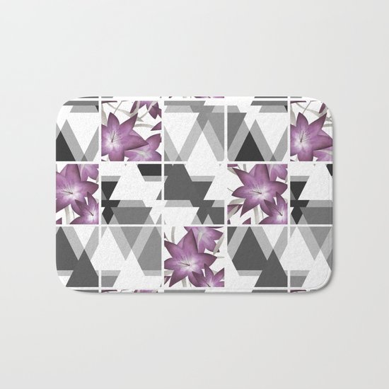 Pink lilies on grey triangles . Bath Mat