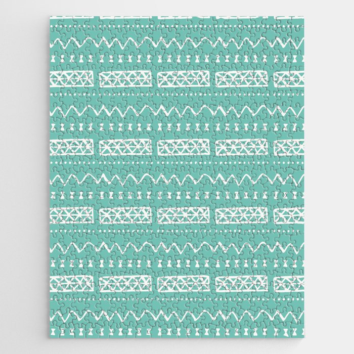 Zesty Zig Zag Bow Teal Blue and White Mud Cloth Pattern Jigsaw Puzzle