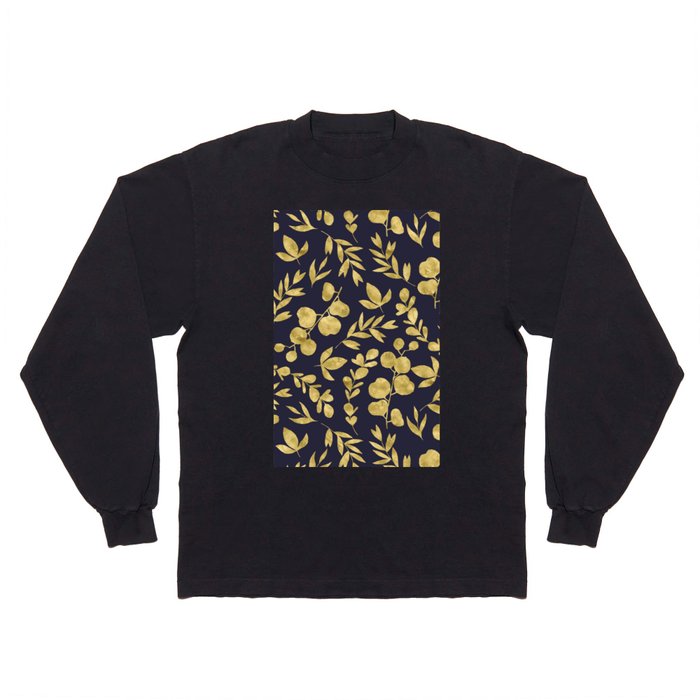 Golden Meadow Gold Leaves on Navy Long Sleeve T Shirt