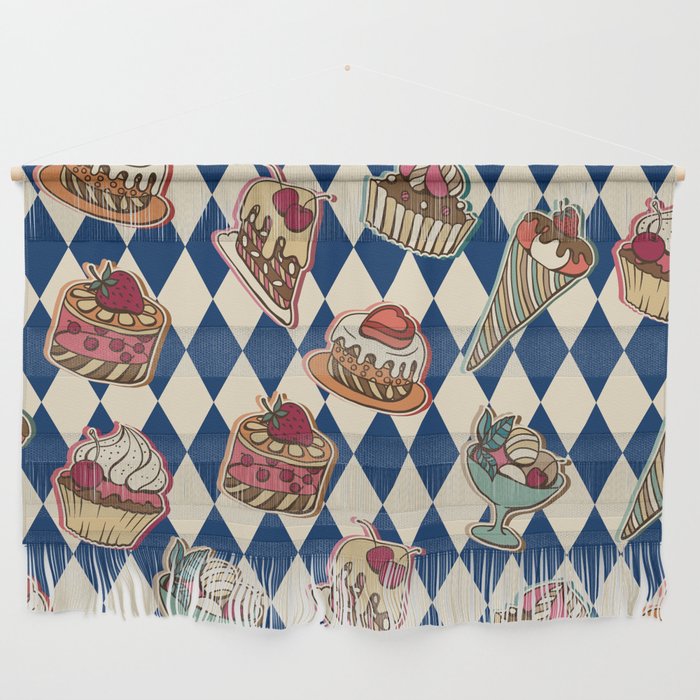 Vintage Pastries Sweets on Navy Blue Wall Hanging