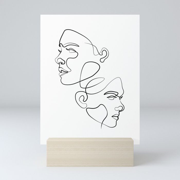 TWO WOMAN FACES IN DIFFERENT DIRECTIONS ONE LINE ART DESIGN Mini Art Print