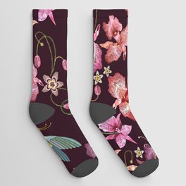Humming bird and orchid flowers seamless pattern Socks