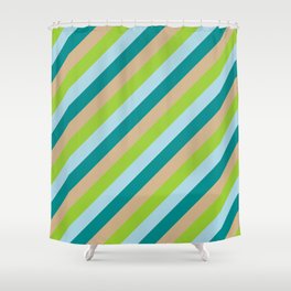[ Thumbnail: Tan, Green, Light Blue, and Dark Cyan Colored Stripes Pattern Shower Curtain ]