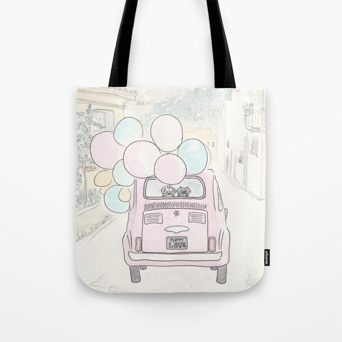 Pink Vintage Car with Balloons Dog and Cat in Countryside Tote Bag