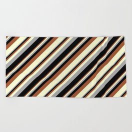 [ Thumbnail: Sienna, Light Yellow, Dark Grey, and Black Colored Stripes Pattern Beach Towel ]