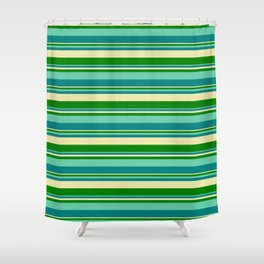 [ Thumbnail: Aquamarine, Teal, Pale Goldenrod, and Green Colored Striped Pattern Shower Curtain ]