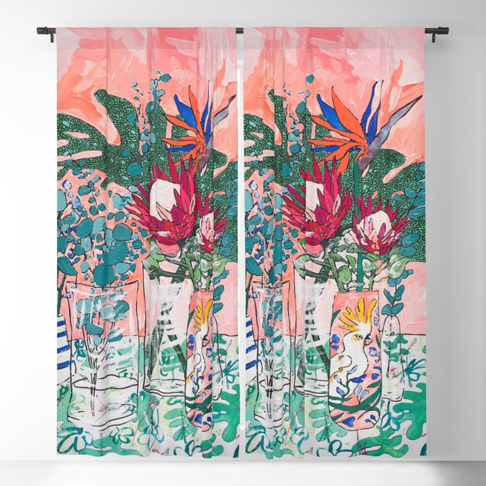 Cockatoo Vase - Bouquet of Flowers on Coral and Jungle Blackout Curtain