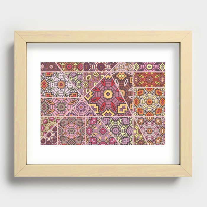 Vintage patchwork quilt pattern. Vintage decorative collage. Hand drawn background. Indian, Arabic, Turkish motifs. Abstract colorful doodle pattern in mosaic style Recessed Framed Print