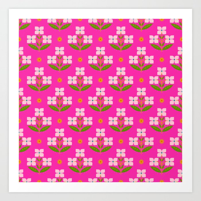 Retro Pink Floral Bunches Pattern - Pink Art Print