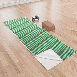 [ Thumbnail: Aquamarine & Dark Olive Green Colored Lines/Stripes Pattern Yoga Towel ]