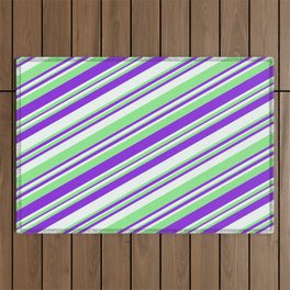 [ Thumbnail: Purple, Mint Cream & Light Green Colored Striped Pattern Outdoor Rug ]