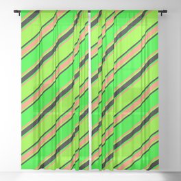 [ Thumbnail: Lime, Coral, Green, and Black Colored Lined Pattern Sheer Curtain ]
