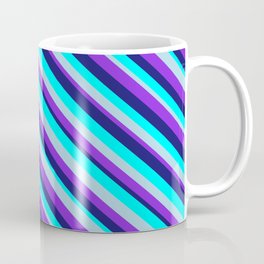 [ Thumbnail: Midnight Blue, Aqua, Light Blue, and Purple Colored Lined/Striped Pattern Coffee Mug ]