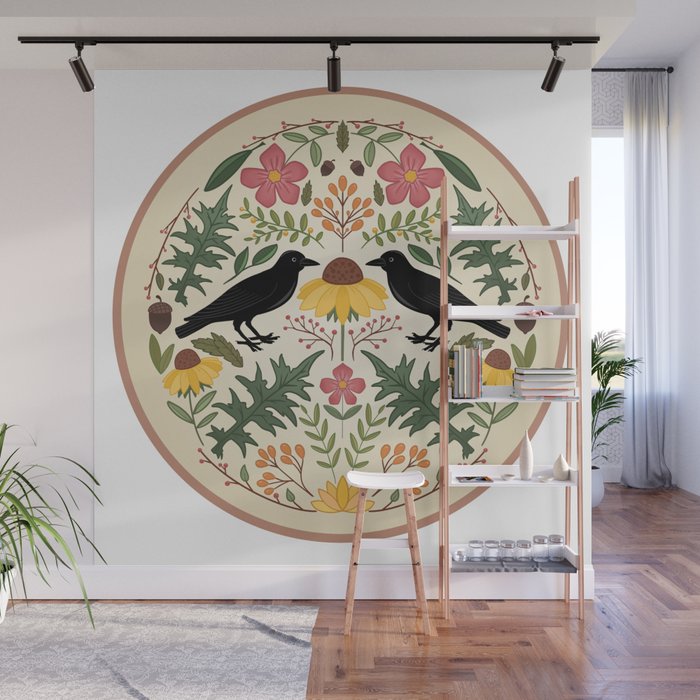 Crows, Wild Roses, Thistles And Sunflowers Wall Mural