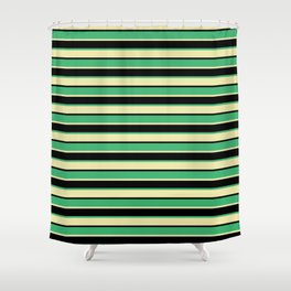 [ Thumbnail: Sea Green, Pale Goldenrod & Black Colored Lines Pattern Shower Curtain ]