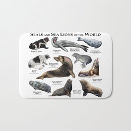 Seals and Seal Lions of the World Bath Mat | Harpseal, Sealart, Marinemammals, Monkseal, Oceananimals, Sealions, Pinnipeds, Ribbonseal, Furseal, Galapagosseal 
