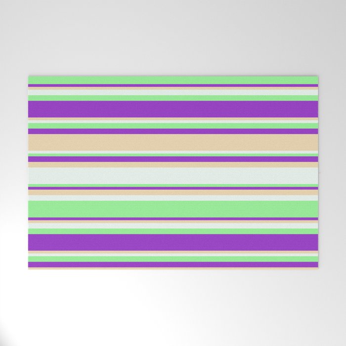 Dark Orchid, Tan, Mint Cream, and Green Colored Stripes Pattern Welcome Mat