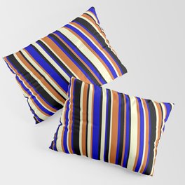 [ Thumbnail: Chocolate, Light Yellow, Black & Blue Colored Lines/Stripes Pattern Pillow Sham ]