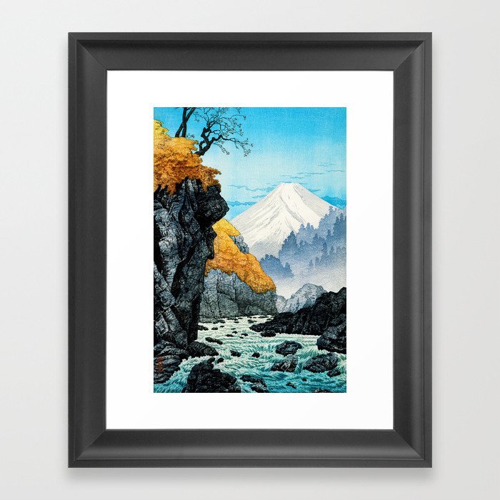 Blue Japanese Woodblock Print Of Foot of Mount Ashitaka by Hiroaki Takahashi,Volcano,Autumn,Landscape,Japan,Woodcut,Vintage,mountain, Framed Art Print