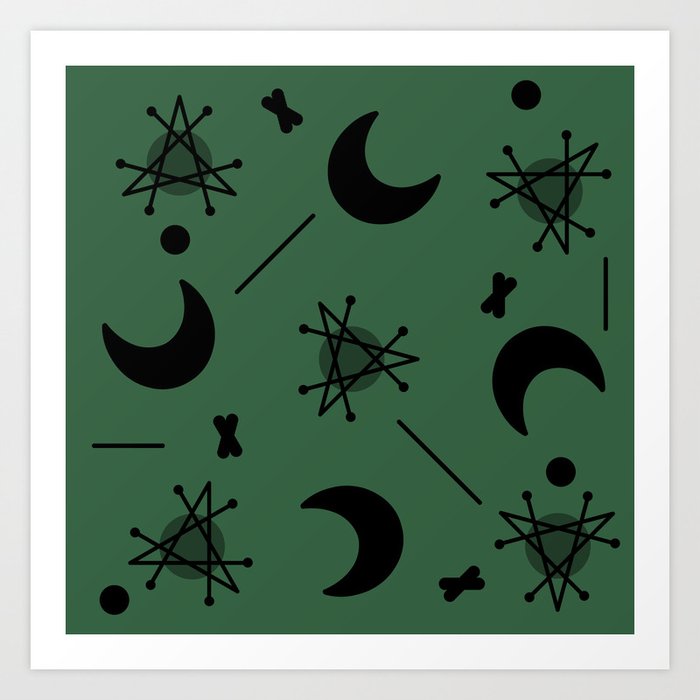 Moons & Stars Atomic Era Abstract Forest Green Art Print