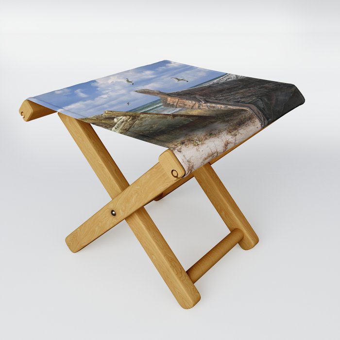 Stranded Boats on a Beach under a Cloudy Blue Sky Folding Stool