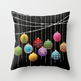 Silver Glitter Merry Christmas Ornaments and Light Strands // Chic and Sparkly Typography Throw Pillow