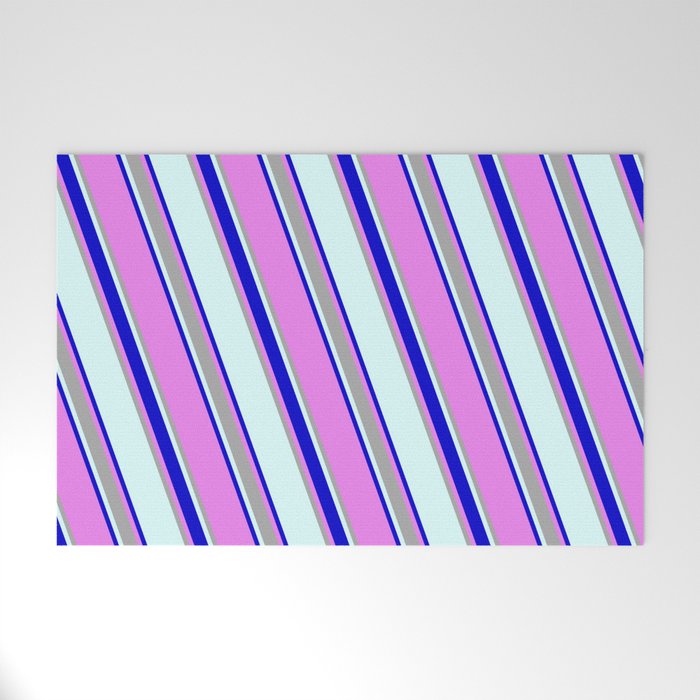 Light Cyan, Blue, Violet, and Dark Grey Colored Lines/Stripes Pattern Welcome Mat