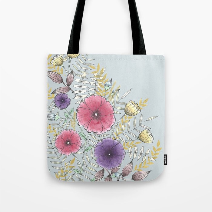 Cheerful Watercolor and Ink Floral Pattern Tote Bag