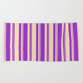 [ Thumbnail: Dark Orchid and Tan Colored Pattern of Stripes Beach Towel ]