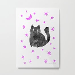 Black Cat with Pink Stars Metal Print | Watercolorcat, Catart, Starpainting, Pinkstars, Spookycat, Feline, Dragonstarart, Cutekitty, Kitty, Curated 