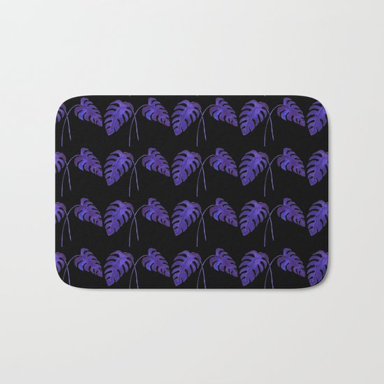 Indigo Monstera Leaf Watercolor on Black Bath Mat