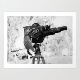 Hollywood movie camera man playing possum funny humorous vintage black and white photograph Art Print