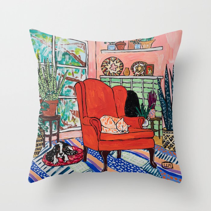 Red Armchair in Pink Interior with Houseplants, Ginger Cat, and Spaniel Interior Painting Throw Pillow